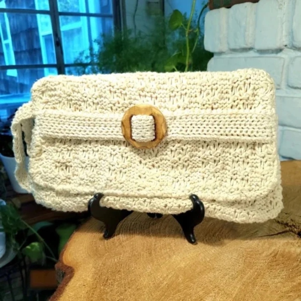 Crochet Clutch Bag With Wood Accent